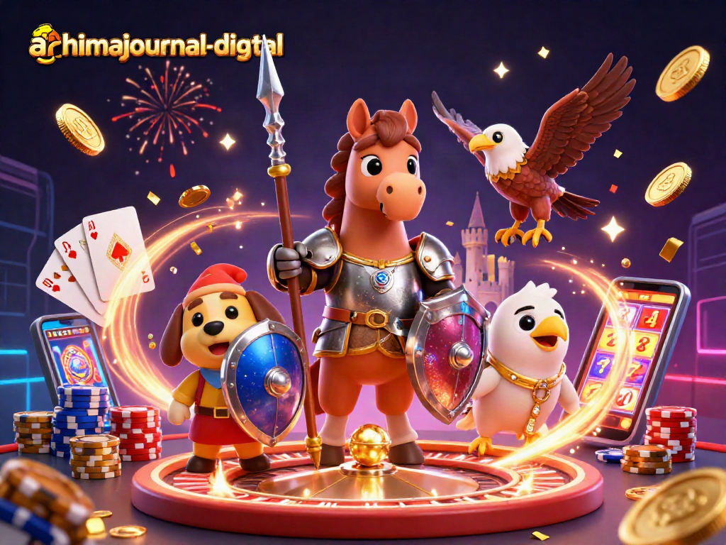 Engage in lively casino action with ahimajournal-digital: Medieval knight, squire puppy, and falcon amidst slot machines and golden coins.