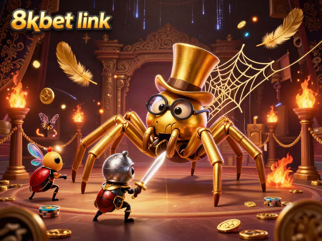 Engage with the vibrant scene of the 8xbet link featuring an adventurous beetle knight, golden tarantula, and moth spectators in a lively casino.