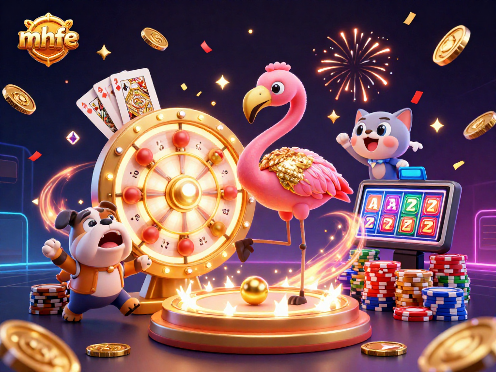 Engaging scene where mhfe reveals a colorful casino vibe with a flamingo host and vibrant game elements.