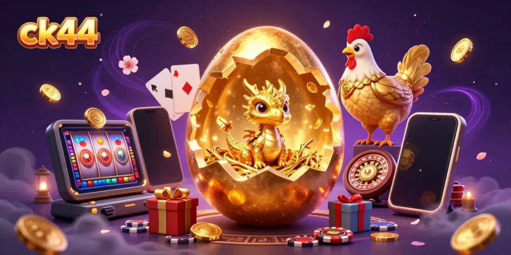 Enjoy the ck44 gaming experience with golden dragon and casino elements in a vibrant scene.