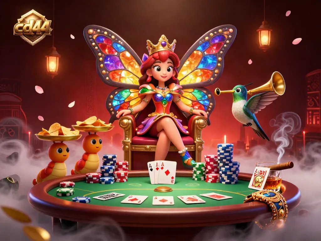 Experience the magic of cd44 with a vibrant casino scene featuring a butterfly queen, poker elements, and treasures.