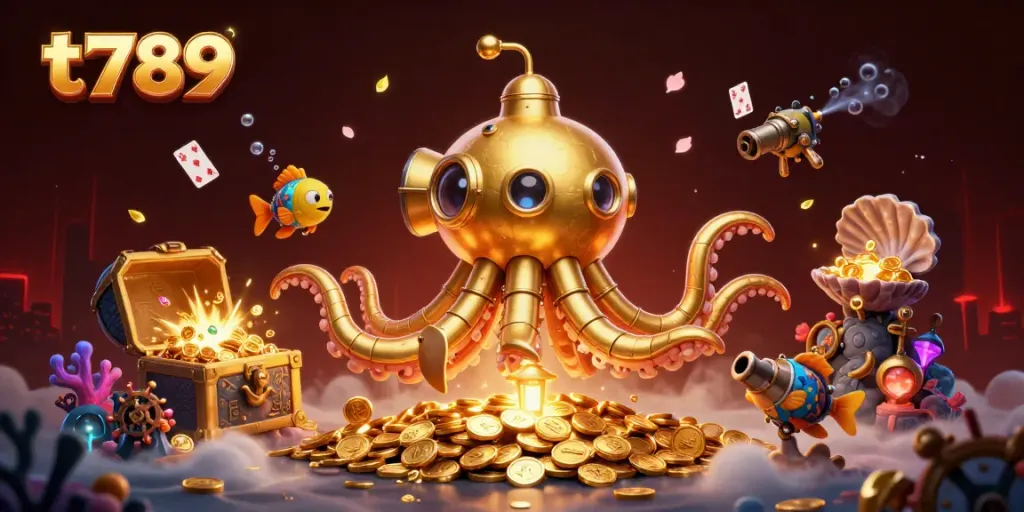 Engage in thrilling gameplay at t789, with a golden kraken submarine amidst treasures and vibrant casino elements