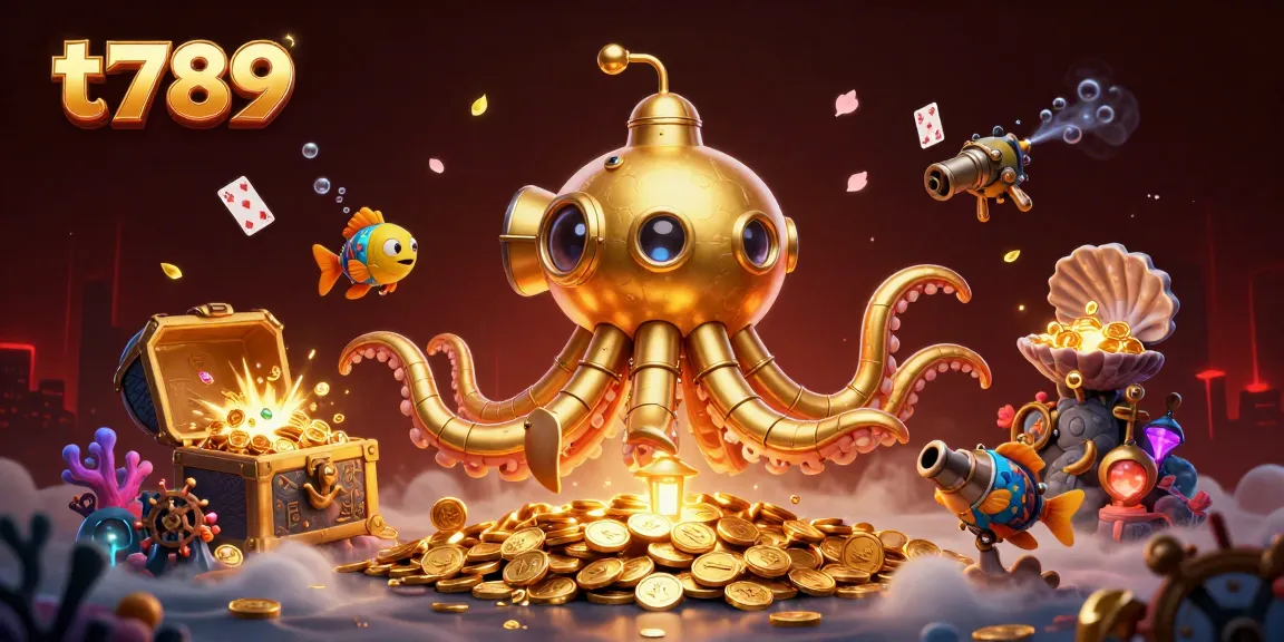 Engage in thrilling gameplay at t789, with a golden kraken submarine amidst treasures and vibrant casino elements