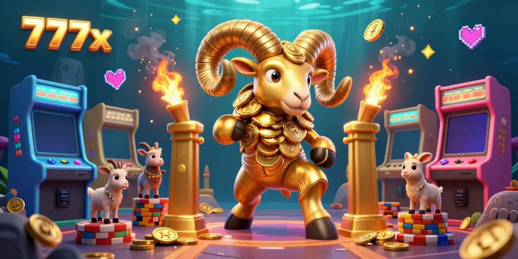 Engage with the thrilling 777x online gaming experience through a dynamic scene featuring a golden ram charging at a gate.
