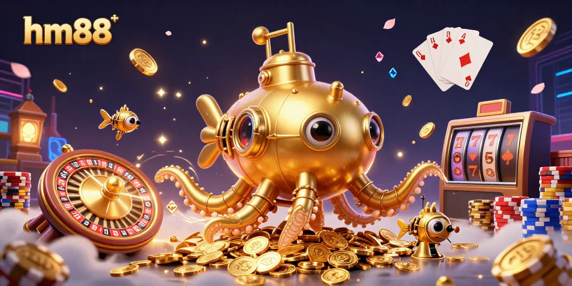 Experience the thrill of gaming with hm88 showcasing a golden kraken submarine amidst sparkling coins and casino elements.
