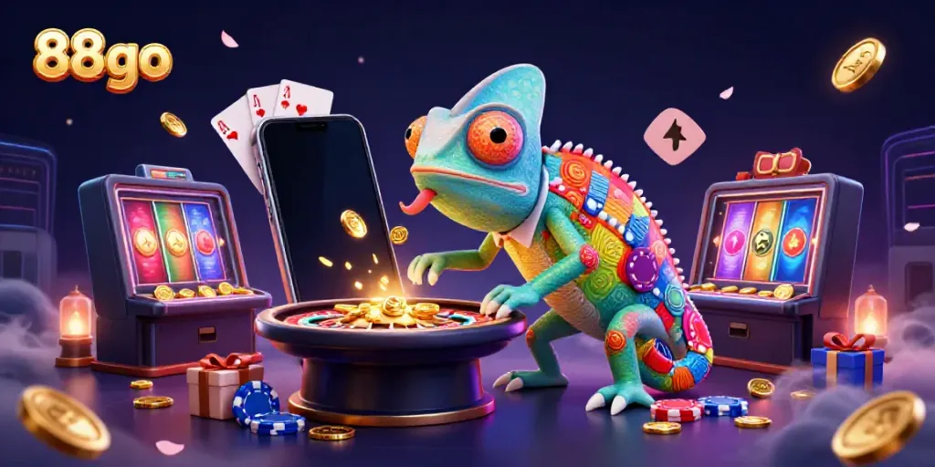 Engage with 88go's vibrant casino world featuring a colorful chameleon owner amidst slot games and roulette.