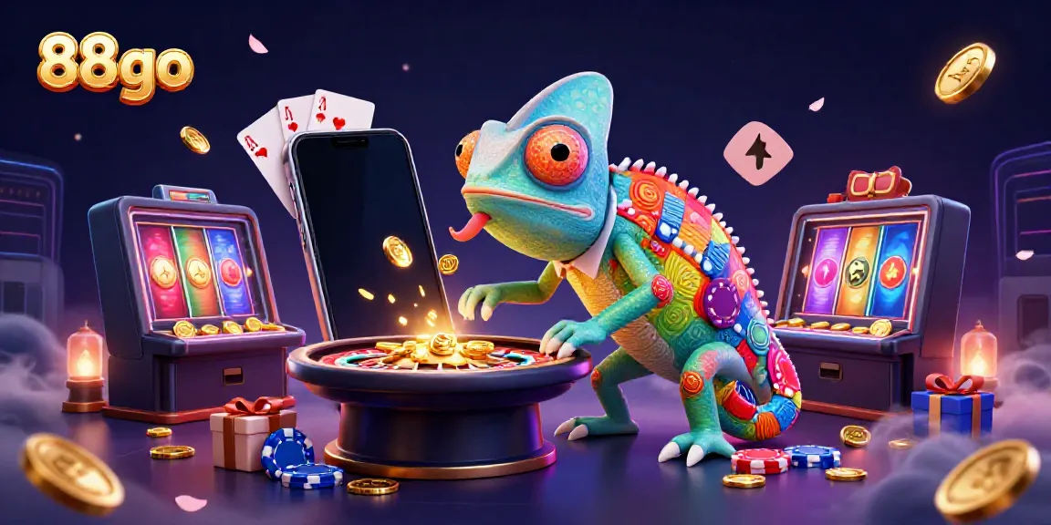 Engage with 88go's vibrant casino world featuring a colorful chameleon owner amidst slot games and roulette.