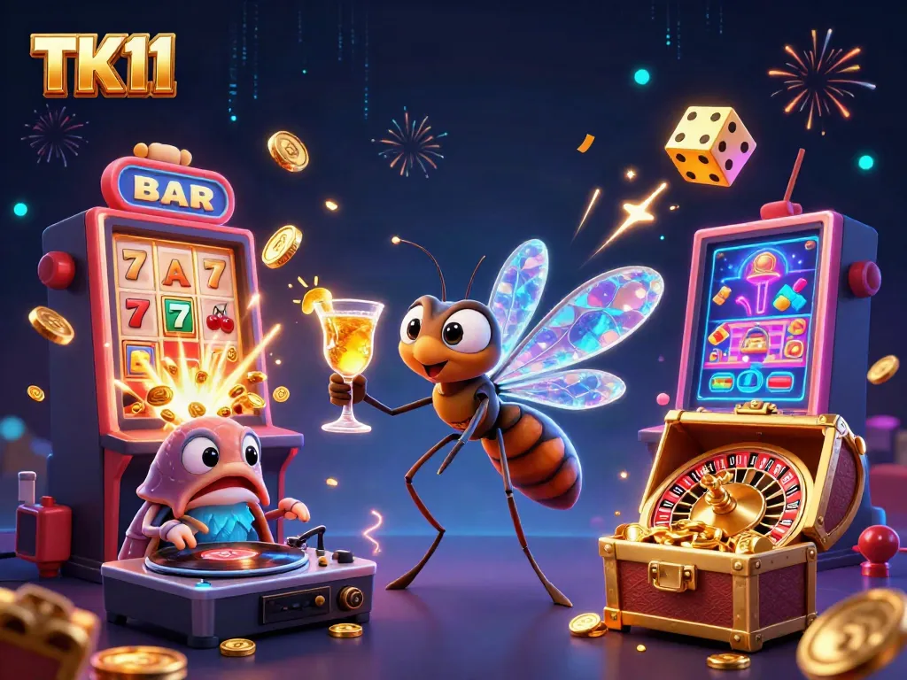 Experience the excitement of TK11 with a vibrant casino scene featuring unique characters and dynamic elements.