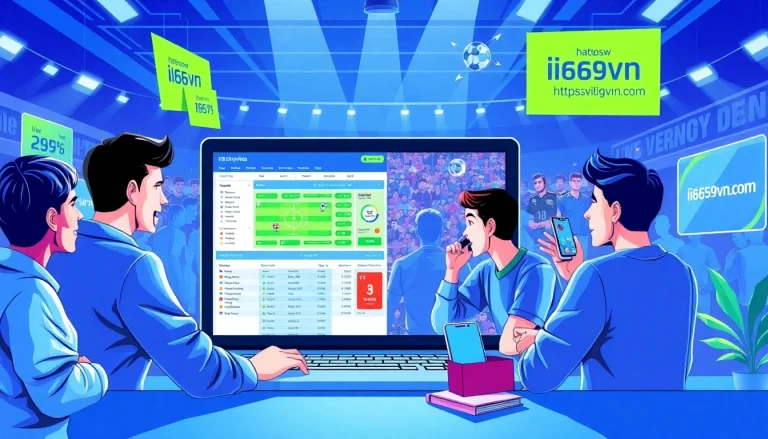 Enthusiastic bettors placing wagers on https://ii69vn.com/ with vibrant sports scenes in the background.