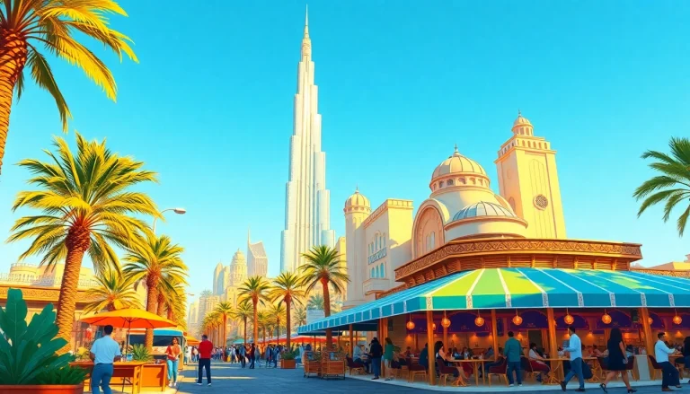 Discover the iconic skyline and vibrant culture while you travel to Dubai, showcasing landmarks like Burj Khalifa and local cafes.