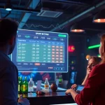 A group of friends engaging with new technology for sports betting in a vibrant bar setting.