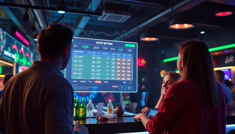 A group of friends engaging with new technology for sports betting in a vibrant bar setting.