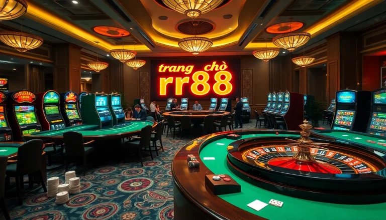 Experience the excitement at the trang chủ rr88 with players enjoying poker, roulette, and vibrant slot machines in a luxurious casino setting.