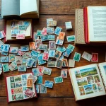 Explore a vibrant collection of discounted postage stamps beautifully arranged on a rustic table.