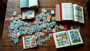 Explore a vibrant collection of discounted postage stamps beautifully arranged on a rustic table.