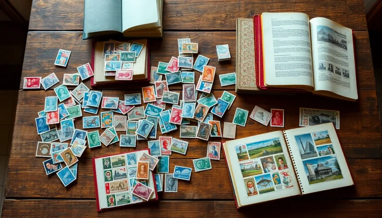 Explore a vibrant collection of discounted postage stamps beautifully arranged on a rustic table.