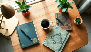 Discover vibrant custom printed notebooks showcased in a stylish workspace with coffee and plants.