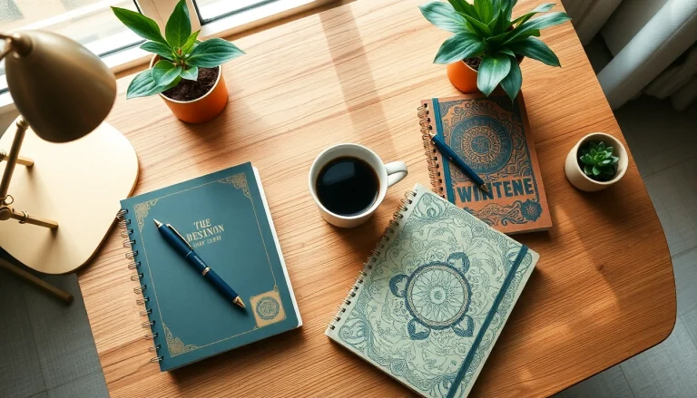 Discover vibrant custom printed notebooks showcased in a stylish workspace with coffee and plants.