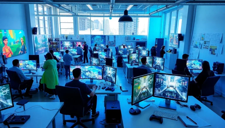 Dynamic scene showcasing a vibrant game studio filled with collaborative game developers at work.
