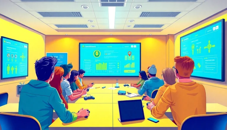 Engaged learners in a gamification learning and development setting, showcasing game-based training techniques.