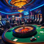 Experience the excitement of a CM88-themed casino, featuring a roulette wheel, poker tables, and vibrant slot machines.