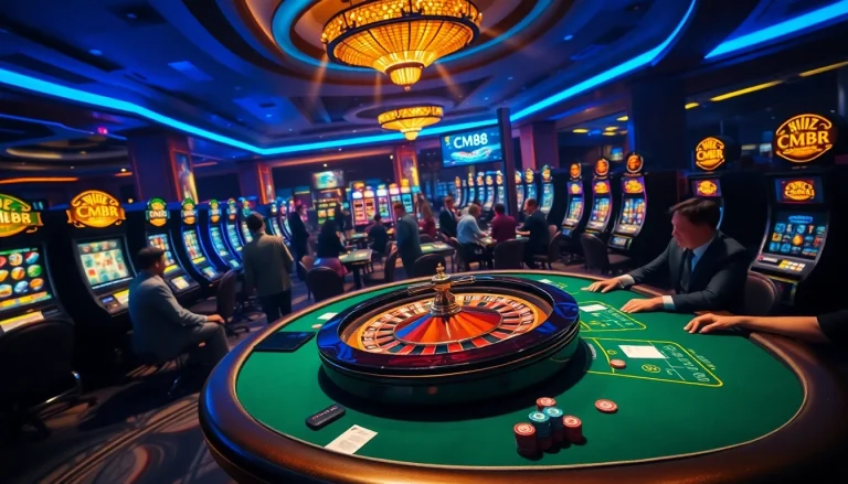 Experience the excitement of a CM88-themed casino, featuring a roulette wheel, poker tables, and vibrant slot machines.