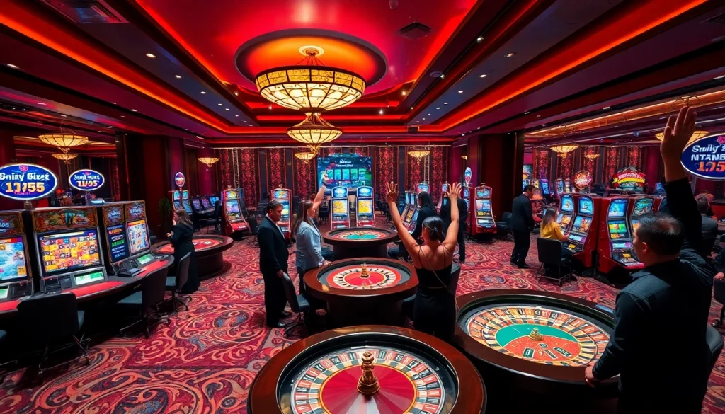 Players celebrating a win at Hi88 com, surrounded by vibrant casino tables and colorful slot machines.