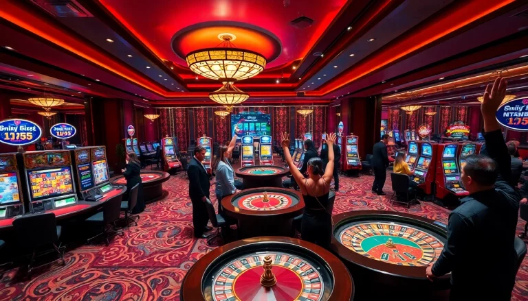 Players celebrating a win at Hi88 com, surrounded by vibrant casino tables and colorful slot machines.