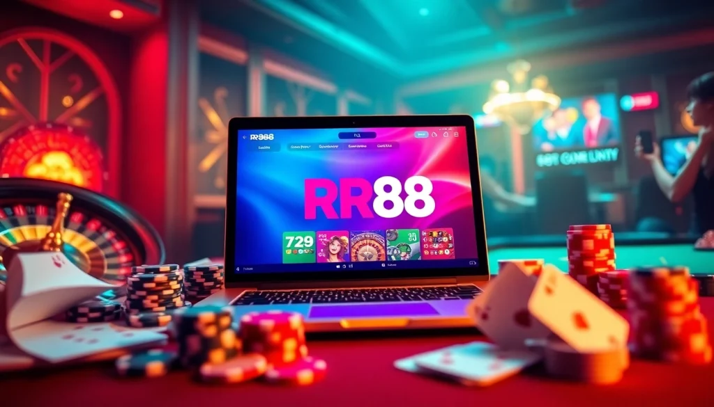 rr88 đăng nhập gaming ambiance with laptop, poker chips, and roulette wheel.