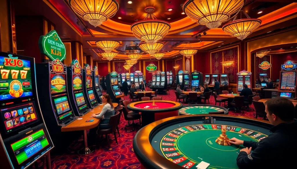 KJC branded poker chips and vibrant casino tables create an engaging gambling atmosphere.