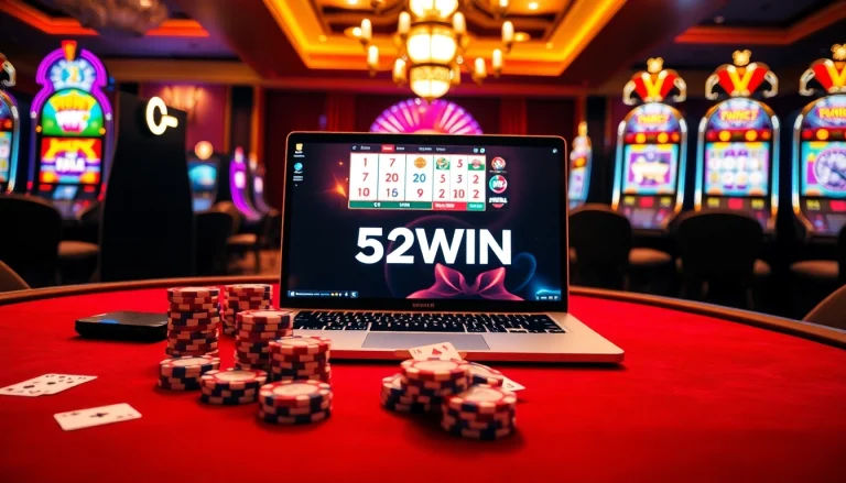 Winning strategies on the 52WIN gaming table with vibrant poker chips and slot machines.
