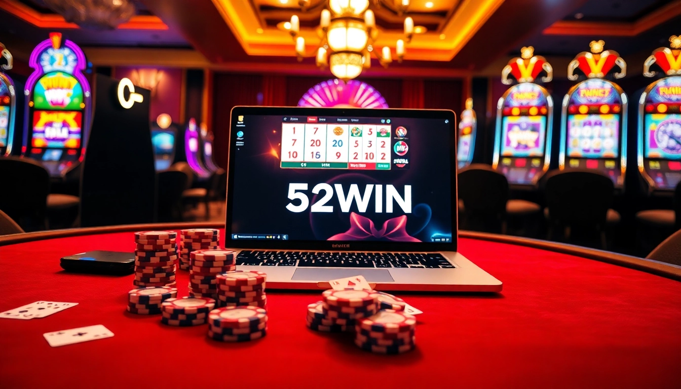Winning strategies on the 52WIN gaming table with vibrant poker chips and slot machines.