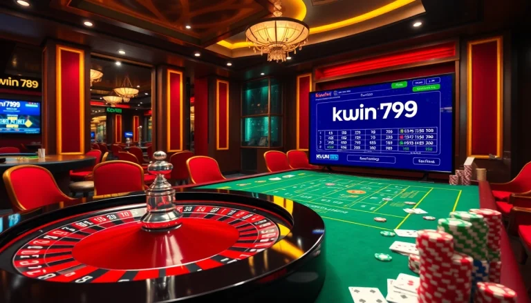 Kuwin 789 gaming scene with roulette wheel, poker chips, and vibrant online gambling interface.