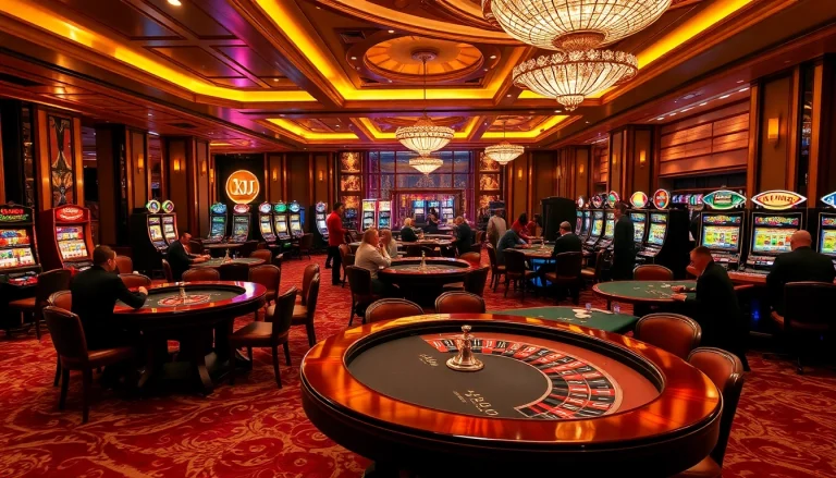 KJC-themed luxurious casino table with vibrant slot machines and poker exciting gameplay.