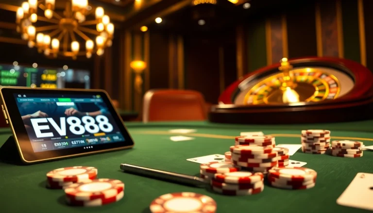 Experience the excitement of EV88 casino gaming with vibrant tables and luxurious decor.