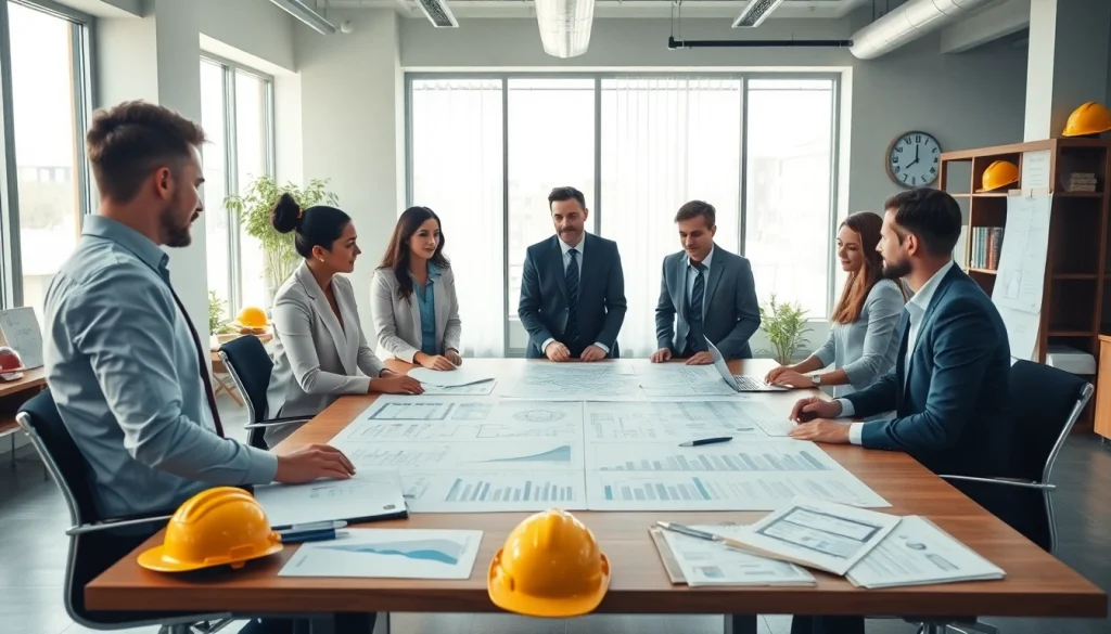 Księgowość dla firmy budowlanej w profesjonalnym otoczeniu, doradcy finansowi współpracują nad budżetami projektów budowlanych.