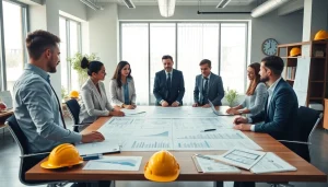 Księgowość dla firmy budowlanej w profesjonalnym otoczeniu, doradcy finansowi współpracują nad budżetami projektów budowlanych.