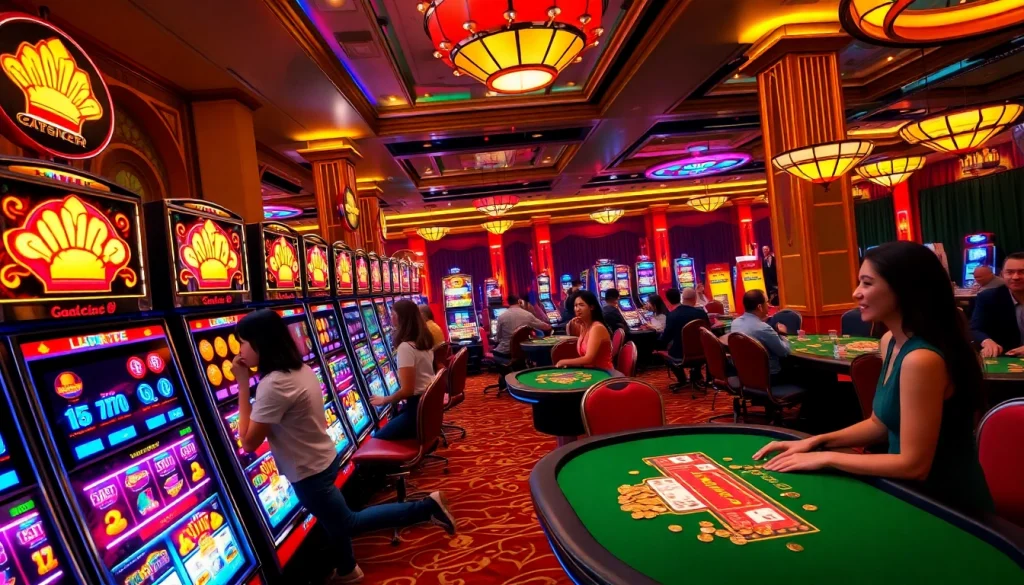 Players enjoying Slot Gacor machines in a vibrant casino atmosphere, showcasing excitement and luxury.