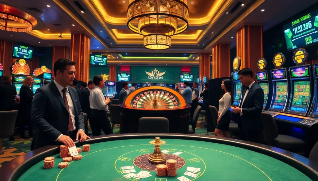 Experience gaming excitement at 98win trang chu with poker and roulette tables in a luxurious casino atmosphere.