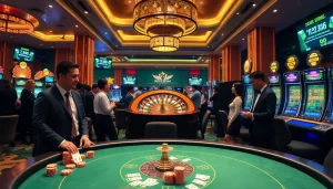Experience gaming excitement at 98win trang chu with poker and roulette tables in a luxurious casino atmosphere.