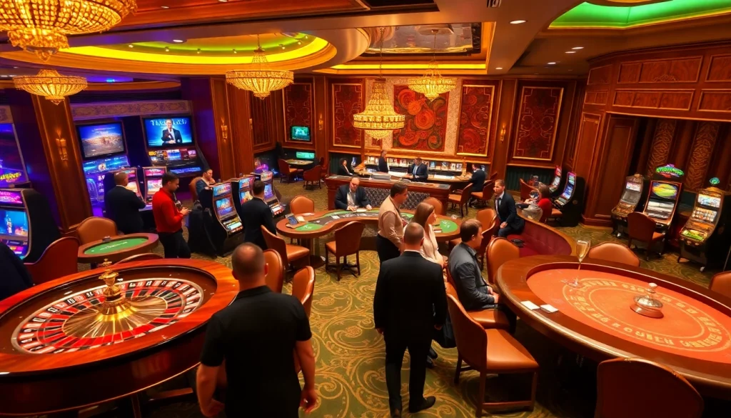Experience the dynamic thrill of thabet.com with a vibrant casino scene featuring roulette and poker tables.