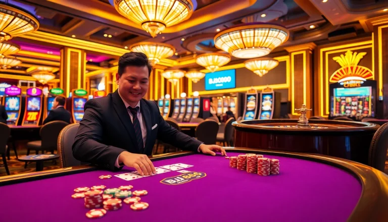 Experience the excitement of BJ 888 with a lively casino scene featuring card games and vibrant gaming elements.