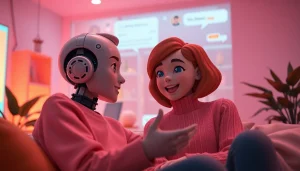 Engaging ai sex chat with a friendly virtual AI character in a cozy digital environment.