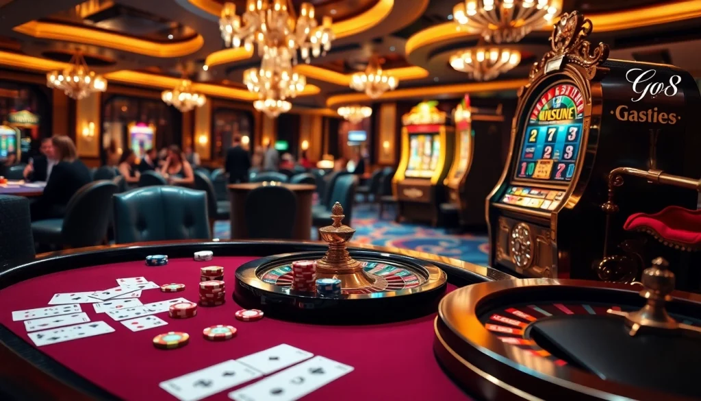 Excitement of winning at Go8 with luxurious casino scene featuring poker and roulette.
