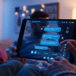 Engaging interaction with a sex AI chatbot in a cozy digital environment.