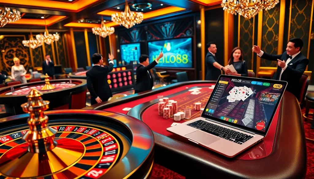 Hello88 gamblers celebrating at a luxurious casino table with chips and cards.