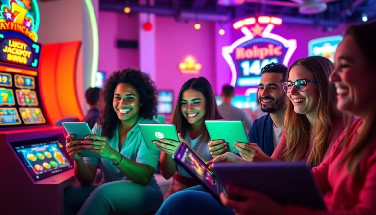 Kode4d link enhances excitement in a vibrant online gaming scene with happy players enjoying slots.