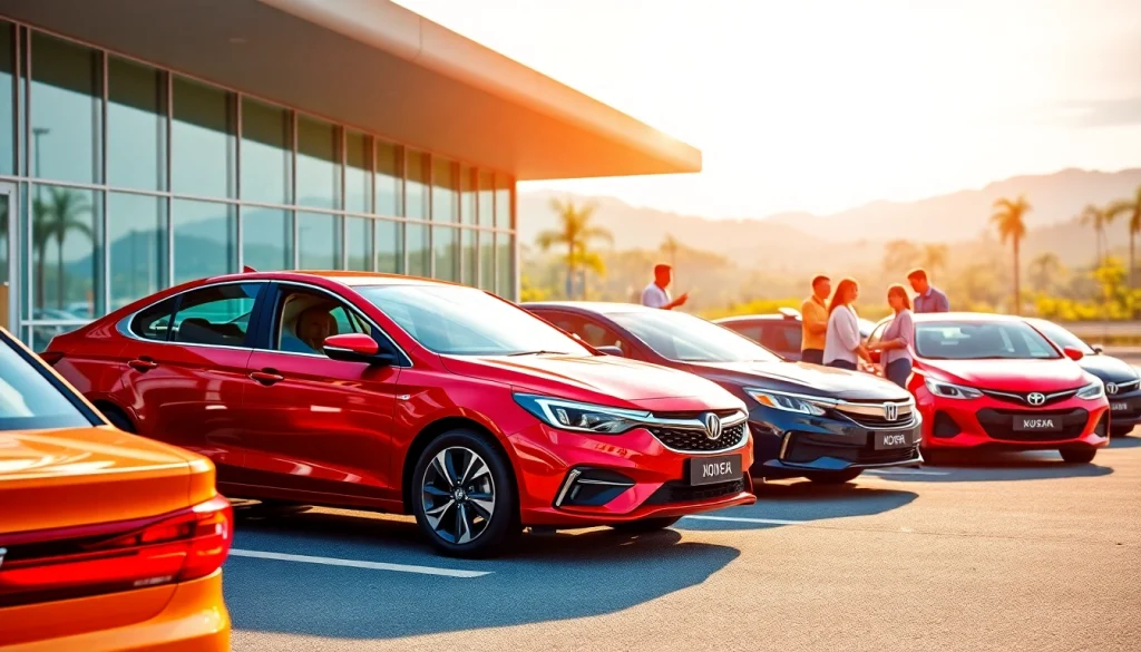 Kuching rent a car options including modern vehicles at the airport with scenic Sarawak background.