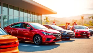 Kuching rent a car options including modern vehicles at the airport with scenic Sarawak background.