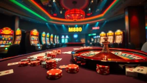 M88 casino scene with vibrant chips, cards, and roulette table evoking excitement.